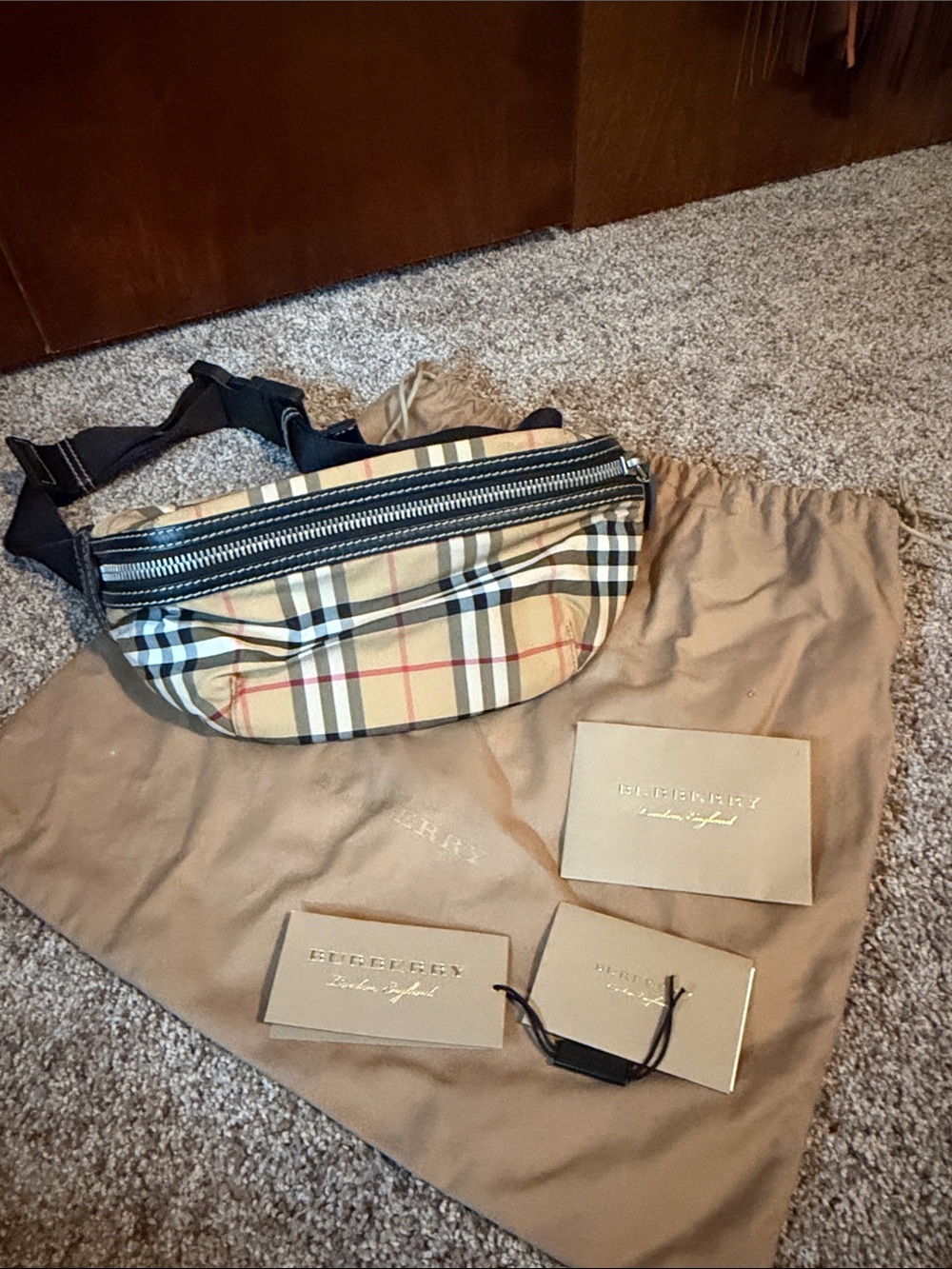 Burberry Vintage Check Canvas Belt Bag in Beige and Black Trim